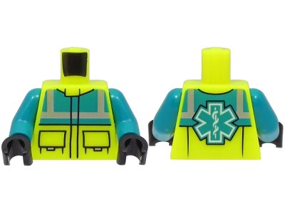 LEGO onderdeel Torso Dark Turquoise Safety Vest with Silver Reflective Stripes, Black Pockets, EMT Star of Life on Back Pattern / Dark Turquoise Arms / Black Hands (973pb4533c01)