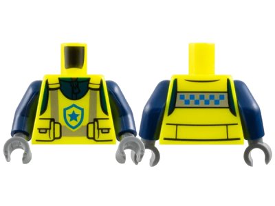 LEGO onderdeel Torso Police Safety Vest with Pouches, Silver Reflective Stripes, and Blue Star Badge Logo over Dark Blue Jacket with Zipper Pattern / Dark Blue Arms / Dark Bluish Gray Hands (973pb5511c01)