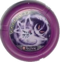 LEGO part Throwing Disk with Throwbot Electro / Slizer Energy 6 Pips, LEGO Technic Logo, and Robot Fighting Electrical Creature Pattern 32171pb053