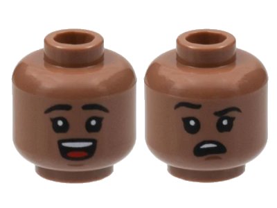 LEGO onderdeel Minifigure, Head Dual Sided Child Black Eyebrows, Open Mouth Smile with Top Teeth and Red Tongue / Right Eyebrow Raised, Confused Pattern - Hollow Stud (3626pb2995)