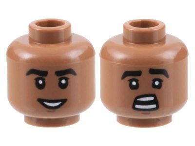 LEGO onderdeel Minifigure, Head Dual Sided Black Thick Eyebrows, Chin Dimple, Grin with Teeth / Scared Pattern - Hollow Stud (3626pb3151)