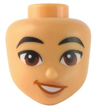 LEGO part Mini Doll, Head Friends with Black Eyebrows, Reddish Brown Eyes, Nougat Lips, and Dark Orange Lopsided Open Mouth Smile with Teeth Pattern (101186)