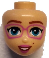 LEGO part Mini Doll, Head Friends with Reddish Brown Eyebrows and Beauty Mark, Dark Turquoise Eyes, Dark Pink Glasses and Lips, Open Mouth Smile with Teeth Pattern 105835