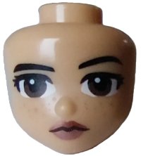 LEGO onderdeel Mini Doll, Head Friends with Black Eyebrows and Eyelashes, Dark Brown Eyes, Medium Nougat Freckles and Metallic Pink Lips Pattern 109616