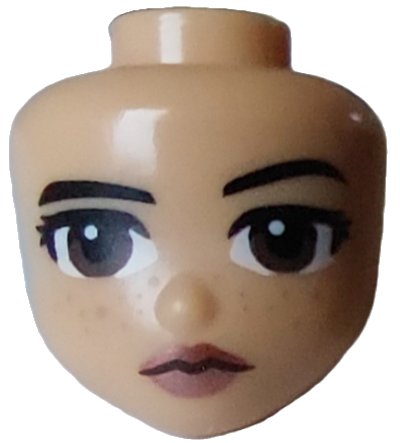 LEGO onderdeel Mini Doll, Head Friends with Black Eyebrows and Eyelashes, Dark Brown Eyes, Medium Nougat Freckles and Metallic Pink Lips Pattern (109616)