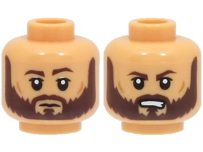 LEGO onderdeel Minifigure, Head Dual Sided Dark Brown Eyebrows and Full Beard, Nougat Cheek Lines, Neutral / Angry with Open Mouth with Teeth Pattern - Hollow Stud (3626pb3134)