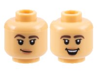 LEGO onderdeel Minifigure, Head Dual Sided Female Dark Brown Eyebrows Thick, Black Eyelashes, Nougat Lips, Lopsided Grin / Open Mouth Smile with Top Teeth Pattern - Hollow Stud 3626pb3171