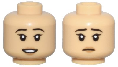 LEGO part Minifigure, Head Dual Sided Female Black Eyebrows, Medium Nougat Lips, Open Mouth Smile with Teeth / Sad Pattern - Hollow Stud (3626pb3240)