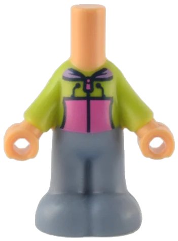 LEGO onderdeel Micro Doll, Body with Molded Lime Top and Sand Blue Pants and Printed Hoodie with Dark Pink Pockets and Zipper, Medium Lavender Collar Pattern (bb1357pb011)