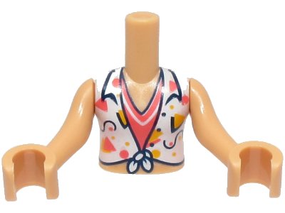 LEGO part Torso Mini Doll Girl White Knotted Blouse with Dark Blue, Coral and Bright Light Orange Lines and Shapes over Shirt Pattern, Medium Tan Arms with Hands (FTGpb438c01)