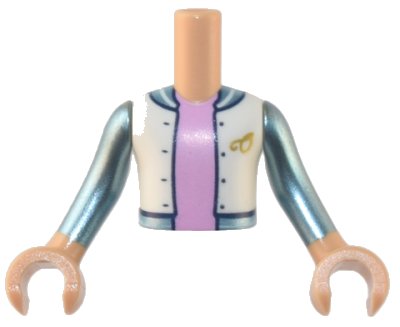 LEGO part Torso Mini Doll Boy White Jacket over Bright Pink Shirt, Metallic Light Blue and Gold 'O' Pattern, Medium Tan Arms with Hands with Metallic Light Blue Long Sleeves (ftbpb079c01)