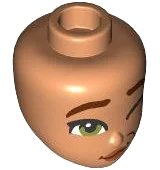LEGO onderdeel Mini Doll, Head Friends with Reddish Brown Eyebrows, Olive Green Eyes, Left Wink, Dark Orange Lips, Wavy Grin with Dimple Pattern (107102)