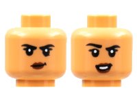 LEGO part Minifigure, Head Dual Sided Female, Black Eyebrows, Reddish Brown Lips, Smirk / Smile with Raised Eyebrow Pattern - Hollow Stud 3626pb2912