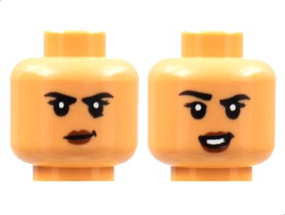 LEGO onderdeel Minifigure, Head Dual Sided Female, Black Eyebrows, Reddish Brown Lips, Smirk / Smile with Raised Eyebrow Pattern - Hollow Stud (3626pb2912)