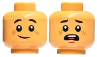 LEGO part Minifigure, Head Dual Sided Child, Reddish Brown Freckles, Grin / Scared Open Mouth, Black Eyebrows Pointed Ends Pattern - Hollow Stud 3626pb2998