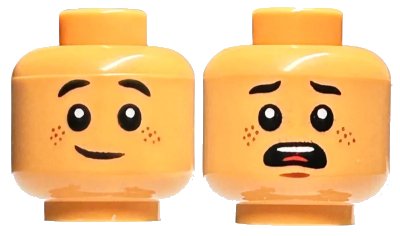 LEGO onderdeel Minifigure, Head Dual Sided Child, Reddish Brown Freckles, Grin / Scared Open Mouth, Black Eyebrows Pointed Ends Pattern - Hollow Stud (3626pb2998)