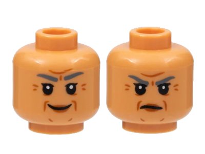 LEGO onderdeel Minifigure, Head Dual Sided Female Dark Bluish Gray Eyebrows, Dark Orange Wrinkles and Lips, Grin / Scowl Pattern - Hollow Stud (3626pb3017)