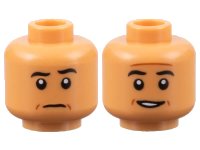 LEGO onderdeel Minifigure, Head Dual Sided Black Eyebrows, Reddish Brown Contour Lines, Raised Eyebrow Left / Slight Open Mouth Grin with Teeth Pattern - Hollow Stud 3626pb3124