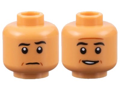 LEGO onderdeel Minifigure, Head Dual Sided Black Eyebrows, Reddish Brown Contour Lines, Raised Eyebrow Left / Slight Open Mouth Grin with Teeth Pattern - Hollow Stud (3626pb3124)