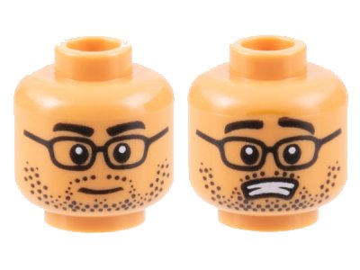 LEGO onderdeel Minifigure, Head Dual Sided Black Eyebrows, Glasses, and Stubble, Neutral / Scared with Open Mouth Pattern - Hollow Stud (3626pb3159)