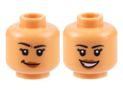 LEGO part Minifigure, Head Dual Sided Female Black Eyebrows, Dark Orange Lips, Lopsided Grin / Open Mouth Smile Pattern - Hollow Stud (3626pb3170)