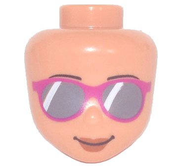 LEGO part Mini Doll, Head Friends Sunglasses with Dark Bluish Gray Lenses and Magenta Frames, Reddish Brown Lips and Closed Mouth Smile Pattern (72409)
