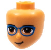 LEGO part Mini Doll, Head Friends with Black Eyebrows, Reddish Brown Eyes, Blue Glasses, Closed Mouth Pattern 80064
