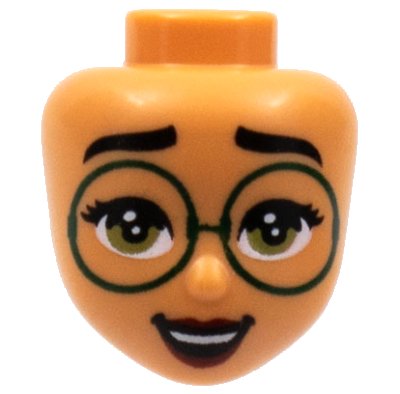 LEGO onderdeel Mini Doll, Head Friends with Black Eyebrows, Large Dark Green Glasses, Olive Green Eyes, Dark Red Lips Pattern (Mirabel) (83510)