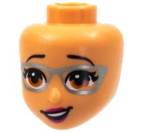 LEGO part Mini Doll, Head Friends with Dark Orange Eyes and Metallic Light Blue Glasses, Magenta Lips, and Lopsided Open Mouth Pattern 84046