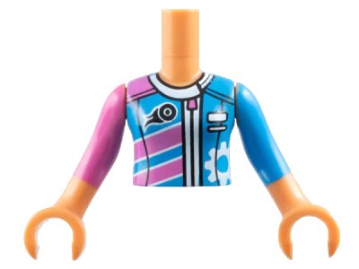 LEGO onderdeel Torso Mini Doll Girl Dark Pink and Dark Azure Racing Jacket Pattern, Nougat Arms with Hands with Dark Pink Right Sleeve, Dark Azure Left Sleeve (FTGpb198c01)