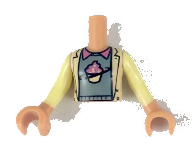 LEGO onderdeel Torso Mini Doll Girl Sand Green Sweater with Cupcake, Light Yellow Jacket Pattern, Nougat Arms with Hands with Light Yellow Sleeves (FTGpb218c01)