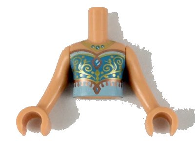 LEGO onderdeel Torso Mini Doll Girl Medium Azure and Light Aqua Top with Gold Necklace and Filigree, Copper Trim Pattern, Nougat Arms with Hands (FTGpb223c01)