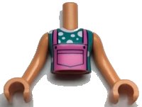 LEGO part Torso Mini Doll Girl Dark Pink Overalls over Dark Turquoise and White Polka Dots T-Shirt Pattern, Nougat Arms with Hands FTGpb336c01