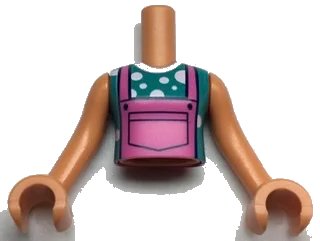LEGO onderdeel Torso Mini Doll Girl Dark Pink Overalls over Dark Turquoise and White Polka Dots T-Shirt Pattern, Nougat Arms with Hands (FTGpb336c01)