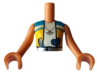 LEGO part Torso Mini Doll Girl Dark Azure and Yellow Vest over White Shirt, Necklace, Scissors and Comb in Silver Belt Pattern, Nougat Arms with Hands FTGpb397c01