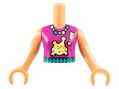 LEGO onderdeel Torso Mini Doll Girl Magenta Top, Star Necklace, Dark Turquoise Belt, Bright Light Yellow Alien with Exclamation Mark Pattern, Nougat Arms with Hands (FTGpb398c01)