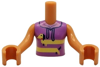 LEGO part Torso Mini Doll Girl Medium Lavender Sleeveless Hoodie with Black Strings and Bright Light Yellow Dachshund with Red Collar Pattern, Nougat Arms with Hands (FTGpb501c01)