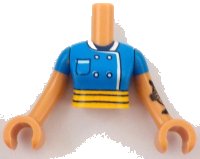 LEGO part Torso Mini Doll Woman Dark Azure Chef Jacket with Pocket and White Trim, Dark Blue Neck and Bright Light Orange Apron Belt Pattern, Nougat Arms with Hands with Dark Azure Short Sleeves and Black Fish and Heart Tattoos on Left Arm FTWpb388c01