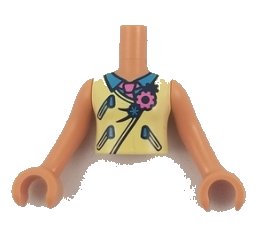 LEGO onderdeel Torso Mini Doll Girl Bright Light Yellow Vest with Zippers over Dark Azure Shirt and Dark Pink Tie Pattern, Nougat Arms with Hands (FTGpb169c01)