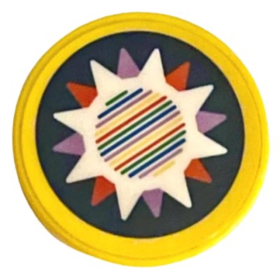 LEGO onderdeel Tile, Round 2 x 2 with Bottom Stud Holder with Lavender, Red, and White Star with Barcode on Dark Blue Background Pattern (Sticker) - Set 71395 (14769pb469)
