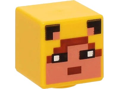 LEGO onderdeel Minifigure, Head, Modified Cube with Pixelated Nougat Face, Black Eyes and Ears, and Reddish Brown Hair and Mouth Pattern (Minecraft Ocelot Skin) (19729pb045)