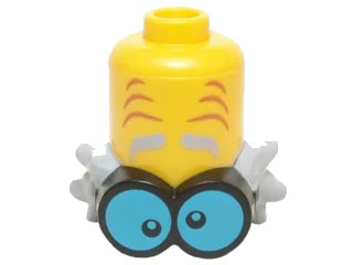LEGO onderdeel Minifigure, Headgear Extended Head with Eyebrows and Wrinkles, Black and Blue Goggles and Messy Light Bluish Gray Hair Pattern (20603pb01)