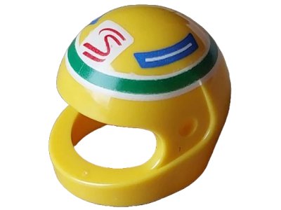 LEGO onderdeel Minifigure, Headgear Helmet Motorcycle (Standard) with Red and White Senna Logo and Blue Panels in Green Circle Pattern (2446pb50)