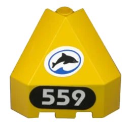 LEGO onderdeel Panel 3 x 3 x 3 Corner Convex with Black Dolphin in White Oval, White '559' on Black Background Pattern Model Right Side (Stickers) - Set 6559 (30079pb06R)