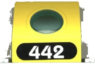 LEGO onderdeel Panel 4 x 3 x 3 with Trans-Light Blue Porthole with White '442' in Black Oval Pattern (Sticker) - Set 6442 (30080c01pb01)