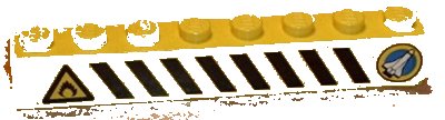 LEGO onderdeel Brick 1 x 8 with Black and Yellow Danger Stripes, Shuttle Right, Flame Left Pattern (Sticker) - Set 6459 (3008pb039)