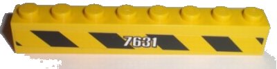 LEGO onderdeel Brick 1 x 8 with White '7631' and Black and Yellow Danger Stripes Pattern Model Left Side (Sticker) - Set 7631 (3008pb106L)