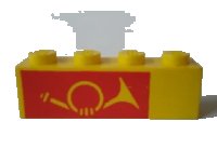 LEGO onderdeel Brick 1 x 4 with Mail Horn on Red Background Pattern, Left Side 3010pb025