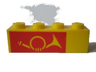 LEGO onderdeel Brick 1 x 4 with Mail Horn on Red Background Pattern, Left Side (3010pb025)