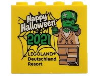 LEGO part Brick 2 x 4 x 3 with LEGOLAND Deutschland Resort, 'Happy Halloween 2021', and Monster Minifigure Pattern 30144pb349